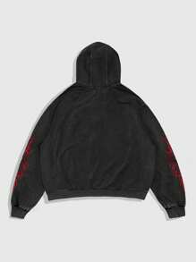 ROMWE MEN Goth Men Casual Contrast Color Printed Zip-Up Hoodie, Fall, Long Sleeve Top - Black - View 2