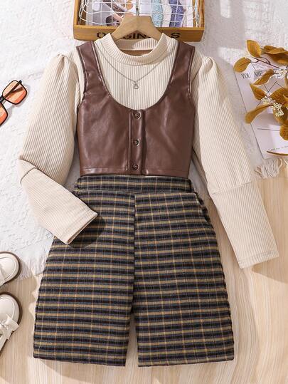 Sparklyn 3 件套女童仿皮背心、针织上衣和格子短裤舒适套装