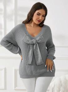 SHEIN Essnce Jersey gris de mujer talla grande, blusa con lazo, suéter de otoño, suéteres de mujer en otoño, ropa de mujer en otoño, blusas de mujer de manga larga para otoño e invierno, ropa de mujer en otoño e invierno, blusas de otoño, ropa de mujer en otoño y en invierno, conjunto de otoño para mujer, suéteres de otoño, suéter navideño, ropa navideña - Gris - Ver 3
