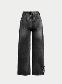 SHEIN Girlism Tween Girl Y2K 春夏波西米亚风星星贴花褪色磨损宽松直筒牛仔裤，儿童服装