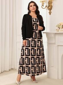 Modelyn 大码春秋季休闲纯色长袖上衣搭配全身印花连衣裙两件套 - 彩色 - 查看 6