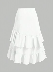 SHEIN MOD Plus Size Asymmetrical Ruffle Drawstring Waist Layered Party Skirt In Cream Apricot - White - View 2