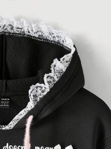 SHEIN MOD Czarna luźna bluza z kapturem z koronką i kokardą z napisem dla kobiet, ciepła odzież na jesień i zimę, bluza z kapturem, bluzki na wyjścia - Czarne - Zobacz 6