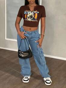 Slaydiva Street Casual Sexy Summer Portrait Abstract Body Pirnt Pattern Notch Collar Short Women's T-Shirt