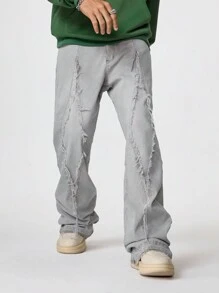 PAVTROS Manfinity Streetrush Men's Light Grey Washed Ripped Hem Tapered Flare Jeans With Patches - Light Grey - View 7