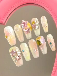 ROMWE Goth 10pcs Set Aurora Butterfly & Floral Design Decorated Press-On Nails, Reusable With Jelly Gel - Multicolor - View 4