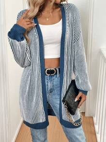 SHEIN LUNE Women Blue & White Casual Cardigan For Spring And Autumn Fall Cloth For Women - Blue and White - View 3