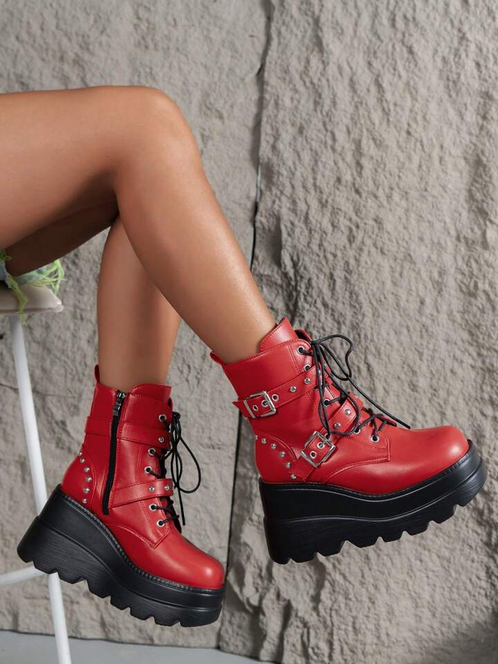 Our Grunge Punk 2024 New Round Toe Red Punk Wedge Thick-Soled