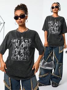 SHEIN EZwear Áo phông đen in họa tiết kim loại phong cách Punk Grunge mùa hè dành cho nữ cho trang phục Halloween - màu đen - Xem 6