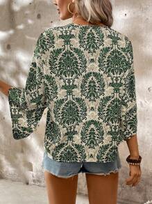 SHEIN LUNE Áo sơ mi nữ cổ chữ V tay cánh dơi in họa tiết thường ngày - Màu xanh lá cây đậm - Xem 2