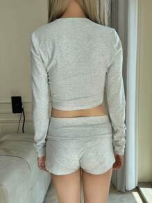 SHEIN EZwear 2 件套女士休闲纯色圆领短款上衣和高腰短裤套装 - 灰色 - 查看 2