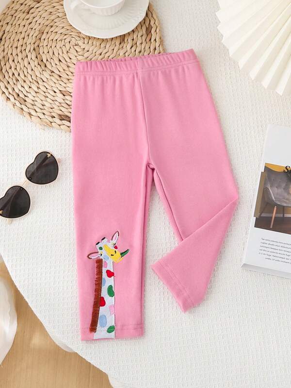 Baby Girl Velvet Elastic Leggings With Giraffe Embroidery, Drawstring Waist, Spring/Autumn, 2024