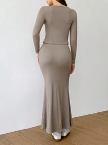 Flirla Autumn Women Versatile Tie-Up Fishtail Dress Suit