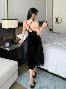 DAZY Camisón de encaje de malla transparente, empalmado de satén de terciopelo - Sexy