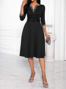 SHEIN LUNE Đầm cổ chữ V trang trí đính kim cương giả thanh lịch dành cho nữ, mùa hè - màu đen - Xem 5