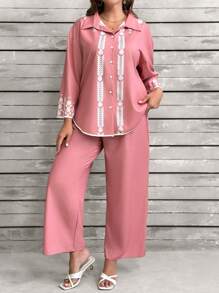 2pcs Plus Size Women Contrast Color Print Long Sleeve Top And Solid Color Pants Set