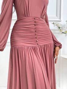 Modelyn Vestido plisado de manga farol de cuello redondo de unicolor para mujer, vestidos largos de noche para primavera y verano - Color caoba - Ver 7