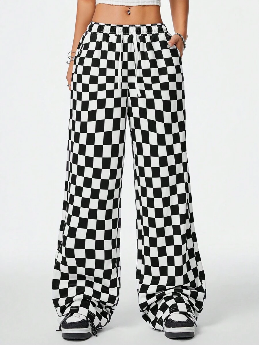 Coolane Women's Fall Y2K Checkered Pattern Casual Pants - Black and White - View 1