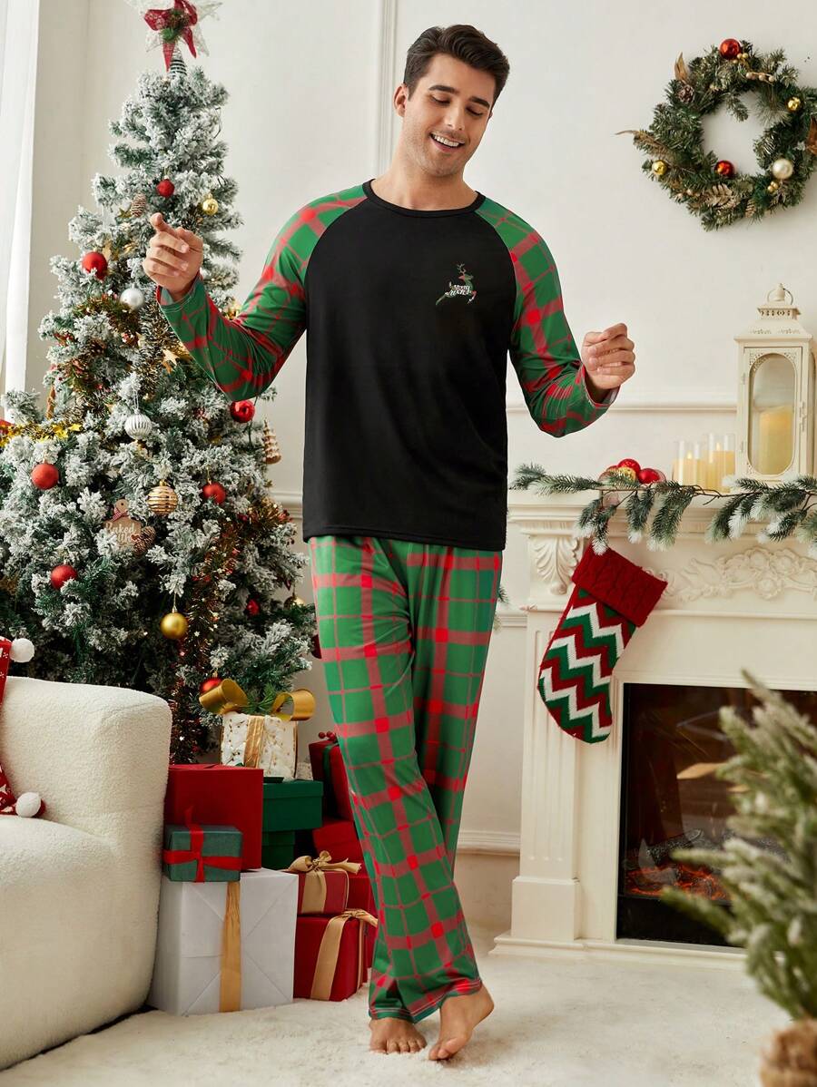 2pcs Men's Crew Neck Solid Color Patchwork Deer Print Long Sleeve Loungewear Set - Multicolor - View 1