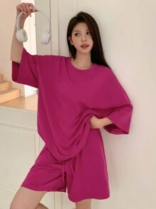 DAZY 夏季纯色简约宽松T恤和短裤家居服套装，服装 - 玫紅色 - 查看 8