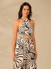 CAJUNI Women's Boho Print, Shell Print, Cross Neckline Halter Tank Top, Summer Casual Beach Holiday Short Tank Top