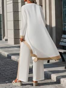 SHEIN Clasi 女士休闲撞色拼布长款夹克、背心和裤子 3 件套，春秋季