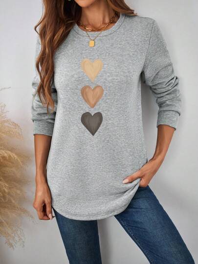 EMERY ROSE Women's Casual Minimalist Heart Print Pattern Loose Fit Thermal Lined Crew Neck Long Sleeve Hoodie Sweatshirt, Suitable For Autumn/Winter