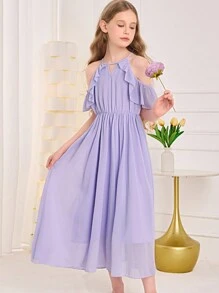 SHEIN Tween Girl Keyhole Neck Cold Shoulder Ruffle Trim Chiffon Dress - Lilac Purple - View 2