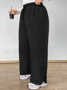 Flirla Pantalones holgados de unicolor con cordón en la cintura para tallas grandes - Negro - Ver 3
