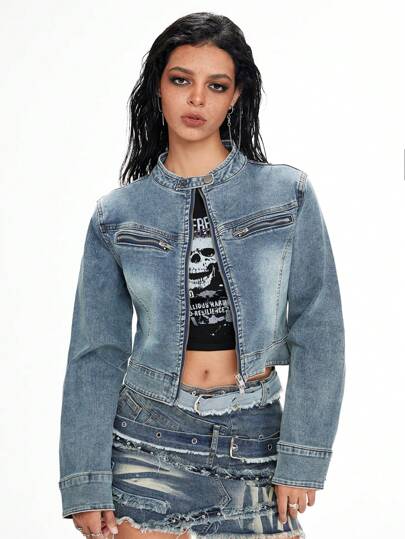 【CODEGRAPHY】 Crop Denim Biker Jacket Z SUPPLY - ALL DAY CROPPED DENIM JACKET CHERRY – swirlboutique