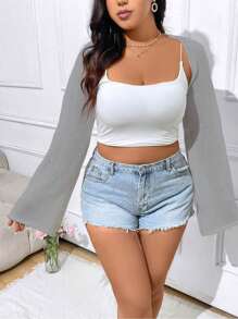 Flirla Plus Size Women Solid Color Bell Sleeve Short Cardigan