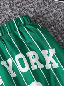 SHEIN 女童休闲绿色字母印花毛边下摆半身裙 - 綠色 - 查看 5