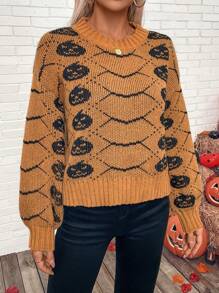 SHEIN LUNE Sweater Pullover Kasual Motif Halloween, Sweater Rajut Musim Gugur Musim Dingin - MultiWarna - View 3
