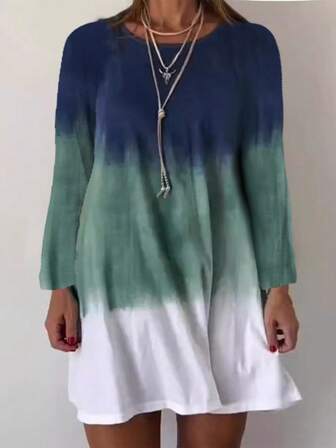 大码女式圆领渐变印花休闲长袖连衣裙