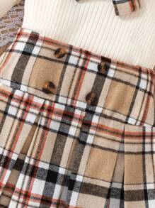 2pcs/Set Young Girl School Uniform Outfits, Including Collared Knit Long Sleeve Sweater With Bow Accent And Plaid Skirt, Fall/Winter Plaid Skirt Set - Apricot - View 6