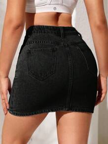 Rok Denim Kasual Sederhana Warna Polos untuk Wanita - Dark Grey - View 2