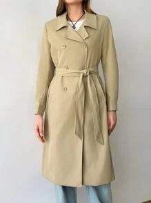 Flirla 纯色翻领长袖前扣休闲风衣 - 卡其色 - 查看 5