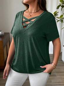 EMERY ROSE Plus Size Women Criss-Cross Neck Short Sleeve T-Shirt, Summer - Green - View 4