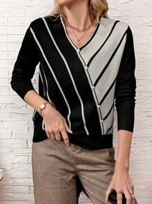 EMERY ROSE Women's Striped V-Neck Long Sleeve Button Embellished Sweater - Multicolor - View 1