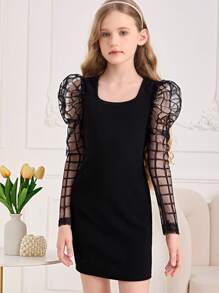 SHEIN Leap Crew Tween Girl Grid Print Sheer Mesh Gigot Sleeve Dress Without Belt - Black - View 3