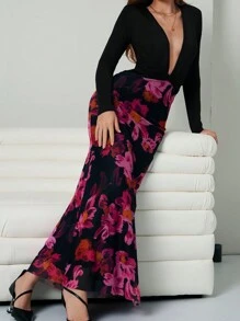 Chiquease Vestido elegante con estampado floral, cuello en V profundo, manga larga y dobladillo de sirena para mujer, primavera y verano