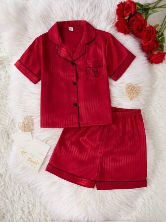 Tween Girl 2pcs Pajama Set With Striped Short Sleeve Cardigan And Shorts, Casual Loungewear