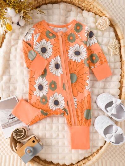 Baby Girl Floral Print Long Sleeve Zipper Front Casual Jumpsuit, Spring/Autumn