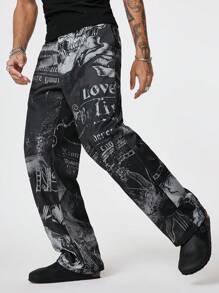 Manfinity VCAY Men's All-Over Print Pocket Casual Pants - Black - View 5