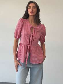 Aloruh New Retro Plaid Ribbon Round Neck Puff Sleeve Peter Pan Collar Button-Up Shirt - Red - View 3