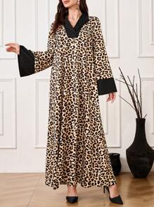 Al Najma Áo khoác cardigan Thổ Nhĩ Kỳ dài tay rộng rãi cổ bẻ họa tiết da báo cho nữ, phong cách thường ngày để mặc hàng ngày/du lịch/ngày lễ/nghỉ mát/ở nhà, váy Ả Rập dài đến đầu gối khiêm tốn - màu đen - Xem 3
