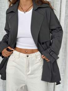 SHEIN EZwear 1 件灰色抗皱休闲风衣，秋季 - 灰色 - 查看 4