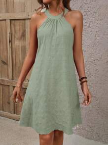 SHEIN Clasi Women's Solid Color Simple Cold Shoulder Casual Dress - Green - View 3