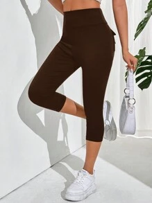 SHEIN Essnce Women's Solid Color Pocket 3/4 Casual Leggings