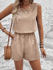 SHEIN LUNE 纯色圆领无袖前系带连体衣，休闲日常穿着 - 卡其色 - 查看 6